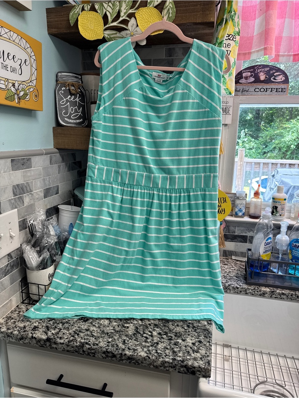 Vineyard Vines Seafoam and White Striped Tee with Floral Trim